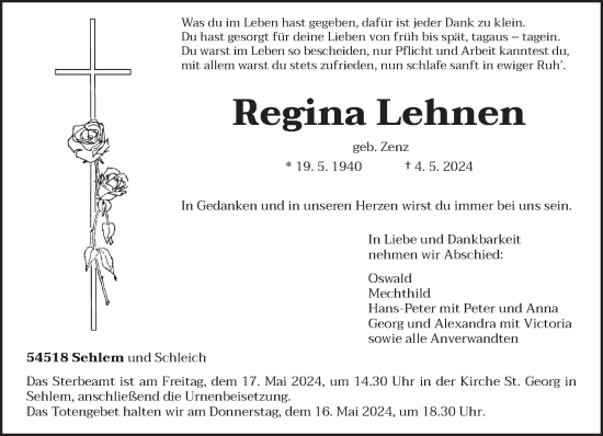Todesanzeige von Regina Lehnen von trierischer_volksfreund