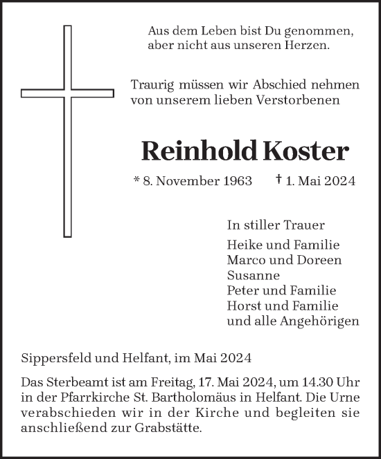 Todesanzeige von Reinhold Koster von trierischer_volksfreund