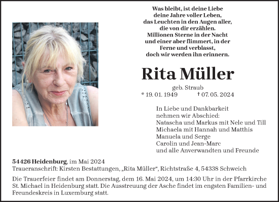 Todesanzeige von Rita Müller von trierischer_volksfreund
