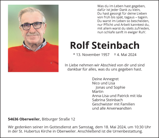 Todesanzeige von Rolf Steinbach von trierischer_volksfreund