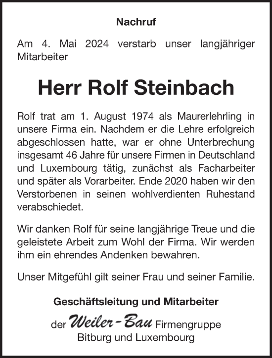 Todesanzeige von Rolf Steinbach von trierischer_volksfreund