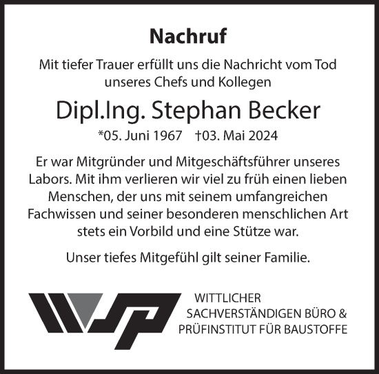 Todesanzeige von Stephan Becker von trierischer_volksfreund