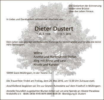 Todesanzeige von Dieter Dustert von MZV