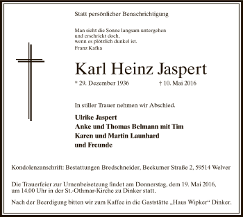 Todesanzeige von Karl Heinz Jaspert von MZV