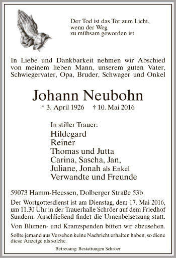 Todesanzeige von Johann Neuhohn von MZV