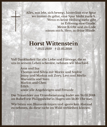 Todesanzeige von Horst Wittenstein von MZV