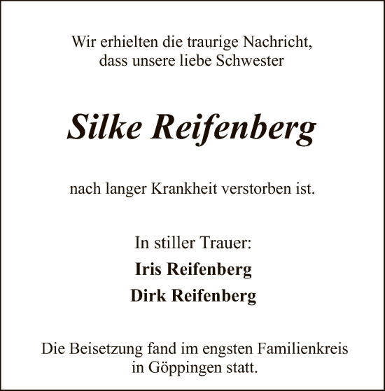 Todesanzeige von Silke Reifenberg von WA