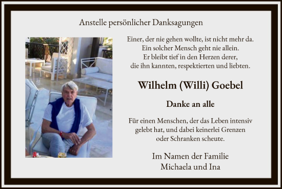 Todesanzeige von Wilhelm Goebel von WA