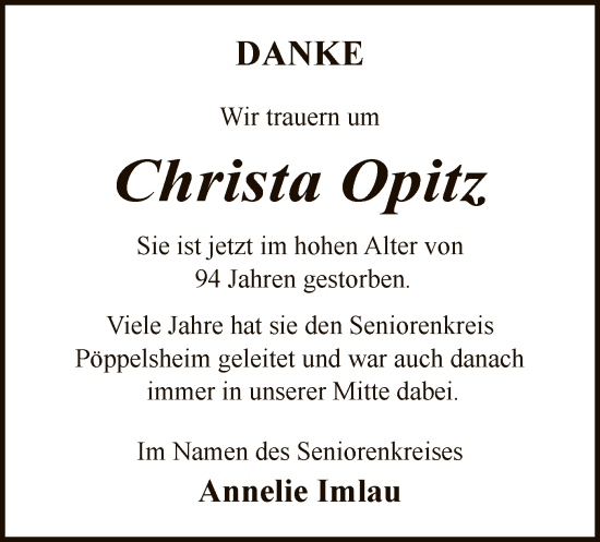 Todesanzeige von Christa Opitz von WA