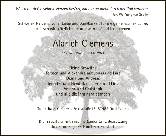Todesanzeige von Alarich Clemens von WA