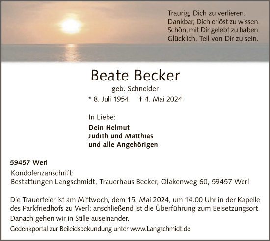 Todesanzeige von Beate Becker von WA