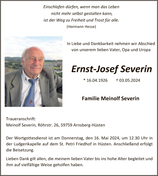 Todesanzeige von Ernst-Josef Severin von WA