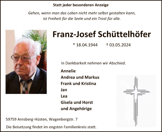 Todesanzeige von Franz-Josef Schüttelhöfer von WA