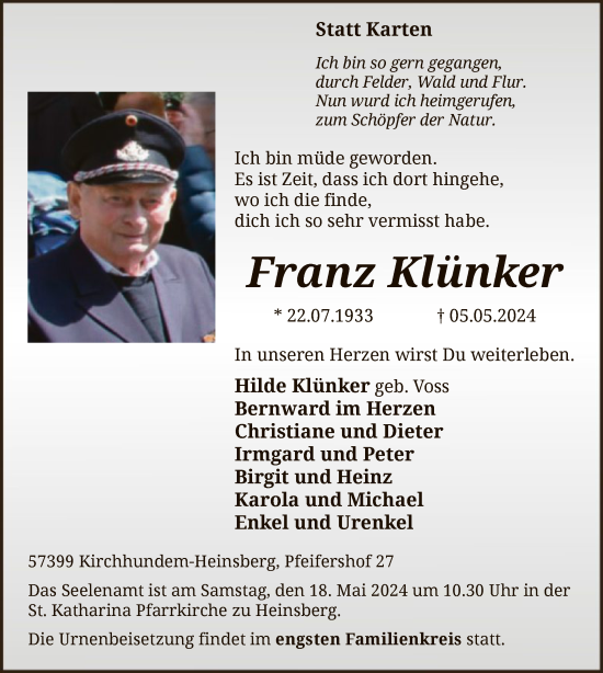 Todesanzeige von Franz Klünker von WA