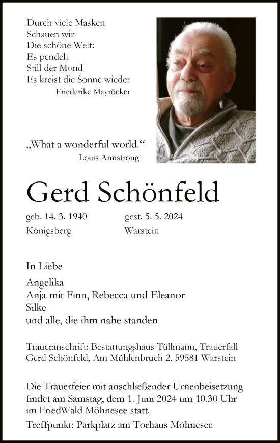 Todesanzeige von Gerd Schönfeld von WA