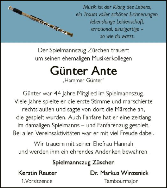 Todesanzeige von Günter Ante von WA