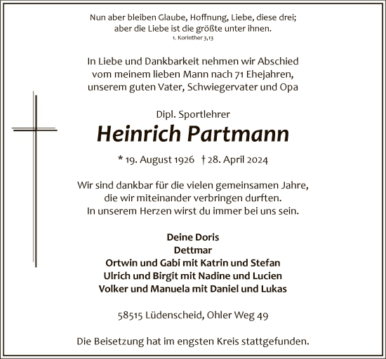 Todesanzeige von Heinrich Partmann von WA