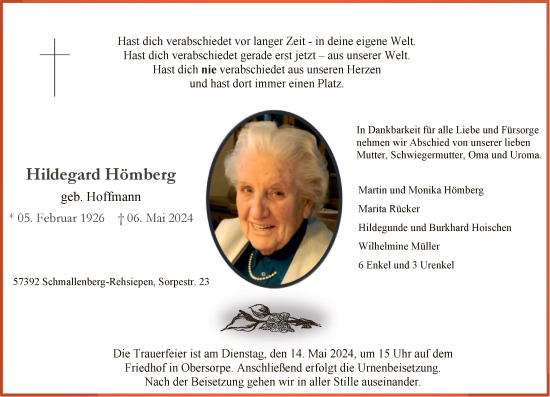Todesanzeige von Hildegard Hömberg von WA