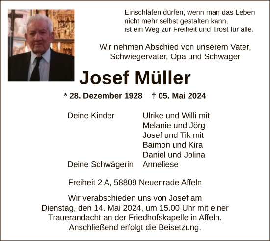 Todesanzeige von Josef Müller von WA