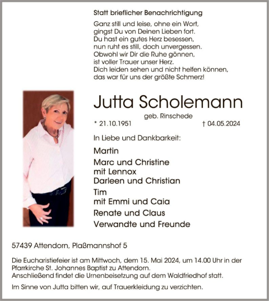 Todesanzeige von Jutta Scholemann von WA