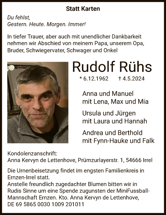 Todesanzeige von Rudolf Rühs von WA