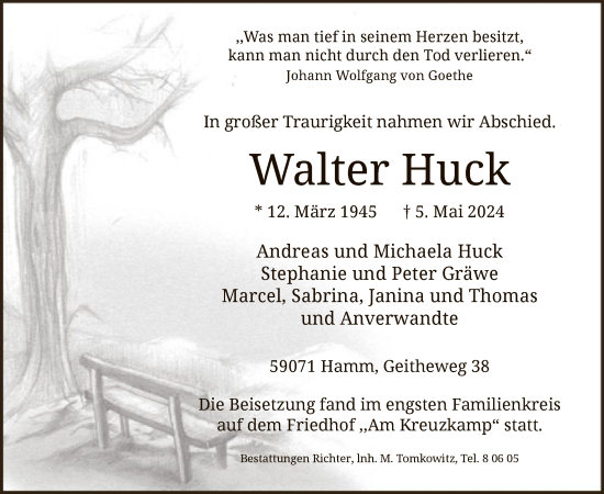 Todesanzeige von Walter Huck von WA