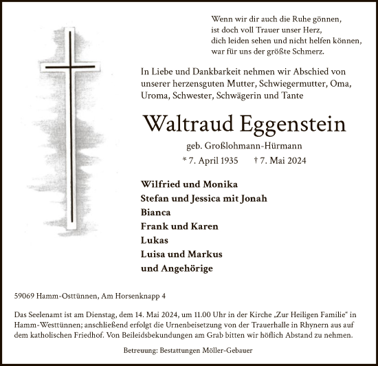 Todesanzeige von Waltraud Eggenstein von WA