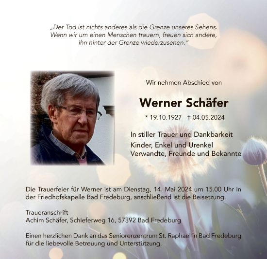 Todesanzeige von Werner Schäfer von WA