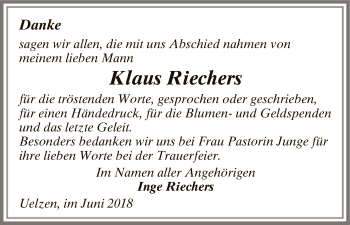 Todesanzeige von Klaus Riechers von Uelzen