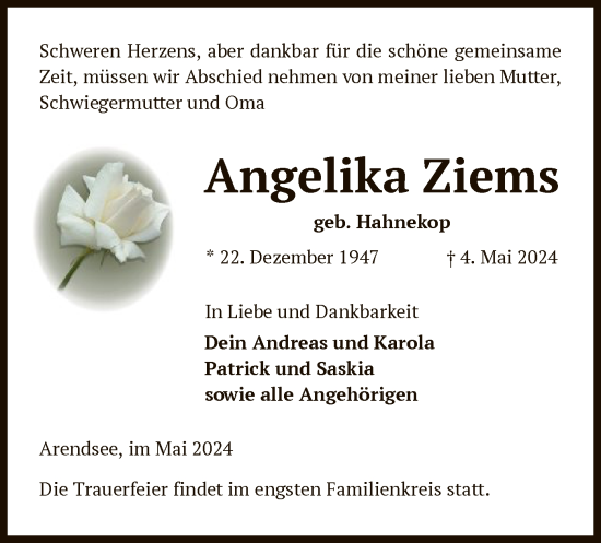 Todesanzeige von Angelika Ziems von UEL