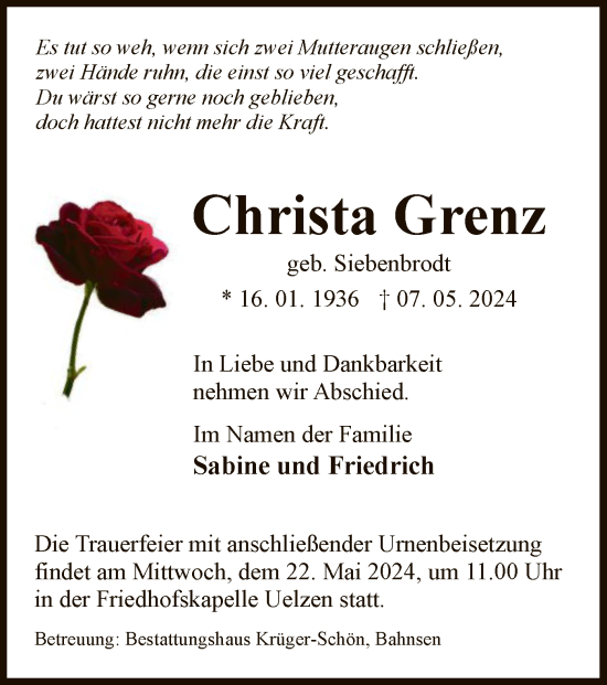 Todesanzeige von Christa Grenz von UEL