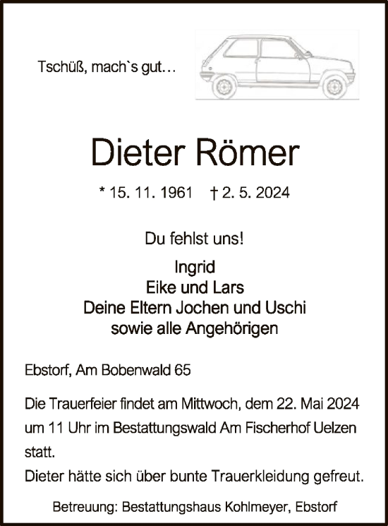 Todesanzeige von Dieter Römer von UEL