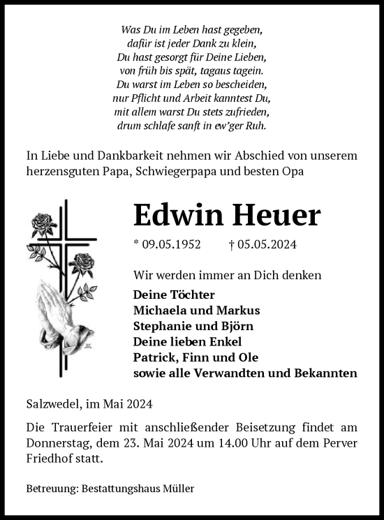 Todesanzeige von Edwin Heuer von UEL