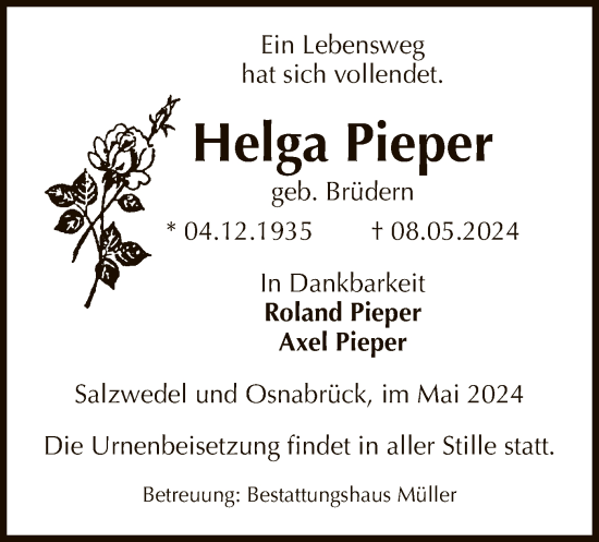Todesanzeige von Helga Pieper von UEL