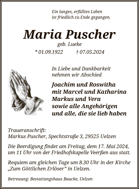 Todesanzeige von Maria Puscher von UEL
