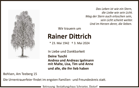 Todesanzeige von Rainer Dittrich von UEL