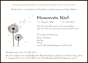 Todesanzeige von Honorata Kiel von Eschwege