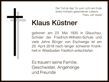 Todesanzeige von Klaus Küstner von Eschwege