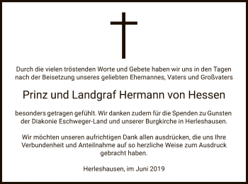 Todesanzeige von Prinz und Landgraf Hermann Hermann von Hessen von Eschwege