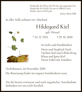 Todesanzeige von Hildegard Kiel von WRS