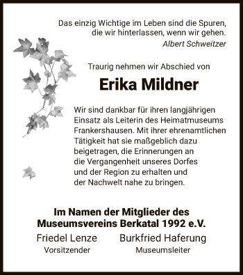 Todesanzeige von Erika Mildner von Eschwege