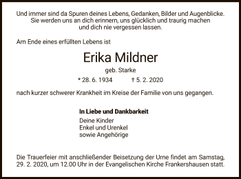 Todesanzeige von Erika Mildner von Eschwege