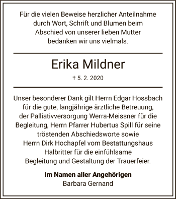 Todesanzeige von Erika Mildner von Eschwege