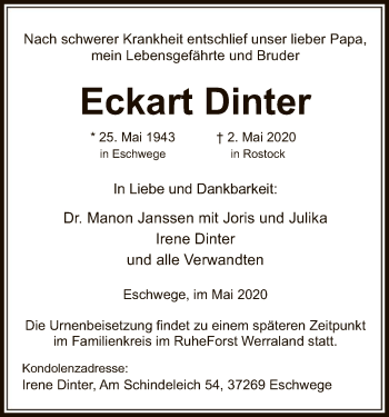 Todesanzeige von Eckart Dinter von WRS