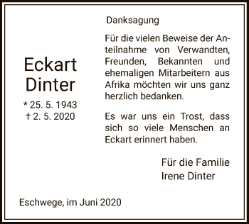 Todesanzeige von Eckart Dinter von WRS