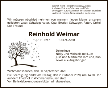 Todesanzeige von Reinhold Weimar von WRS