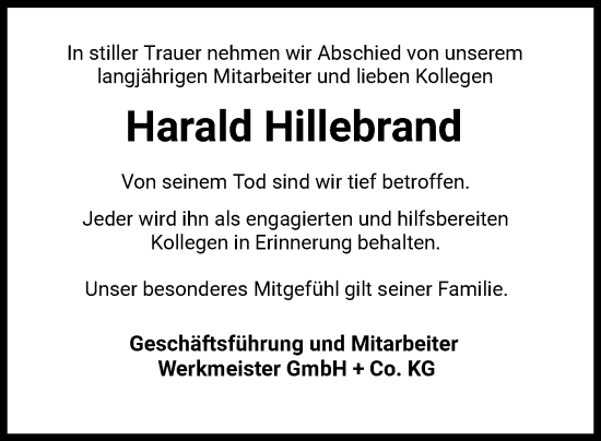 Todesanzeige von Harald Hillebrand von WRS