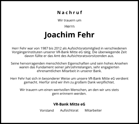 Todesanzeige von Joachim Fehr von WRS