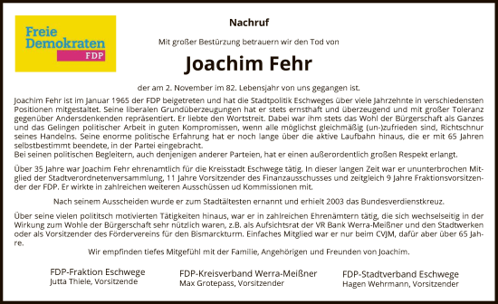 Todesanzeige von Joachim Fehr von WRS