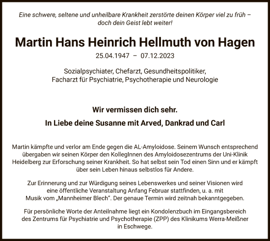 Todesanzeige von Martin Hans Heinrich Hellmuth von Hagen von WRSHNA